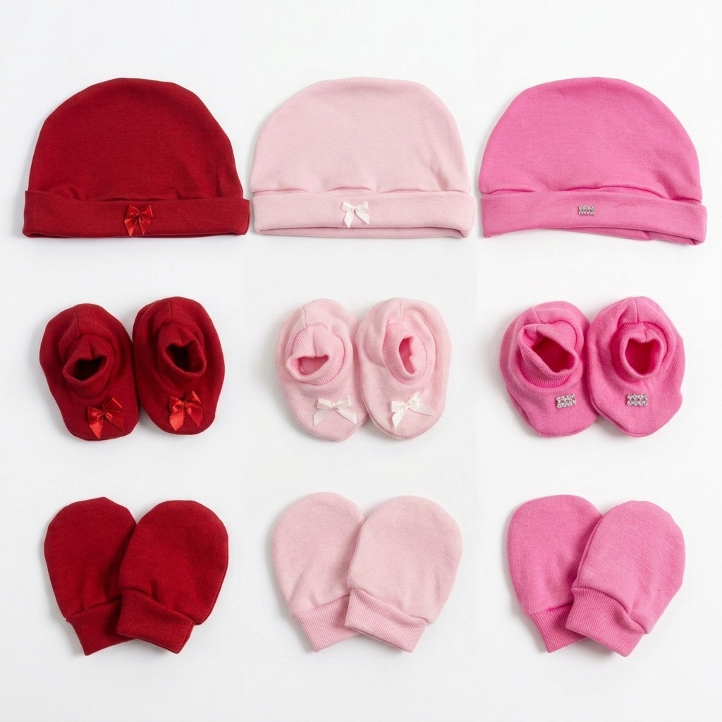 Kit 3 Toucas 3 Luvas e 3 Pantufas para Bebê Menin