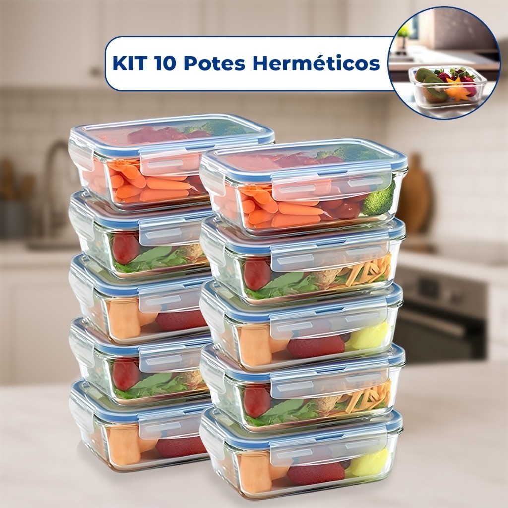 Kit 10 ou 5 Pote de Vidro Hermético Retangular 4 
