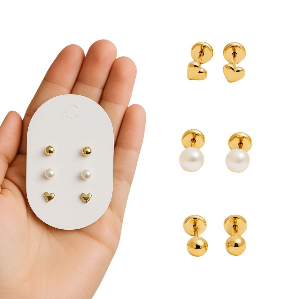 Trio Brincos Baby Antialérgico Ouro 18K Infantil 