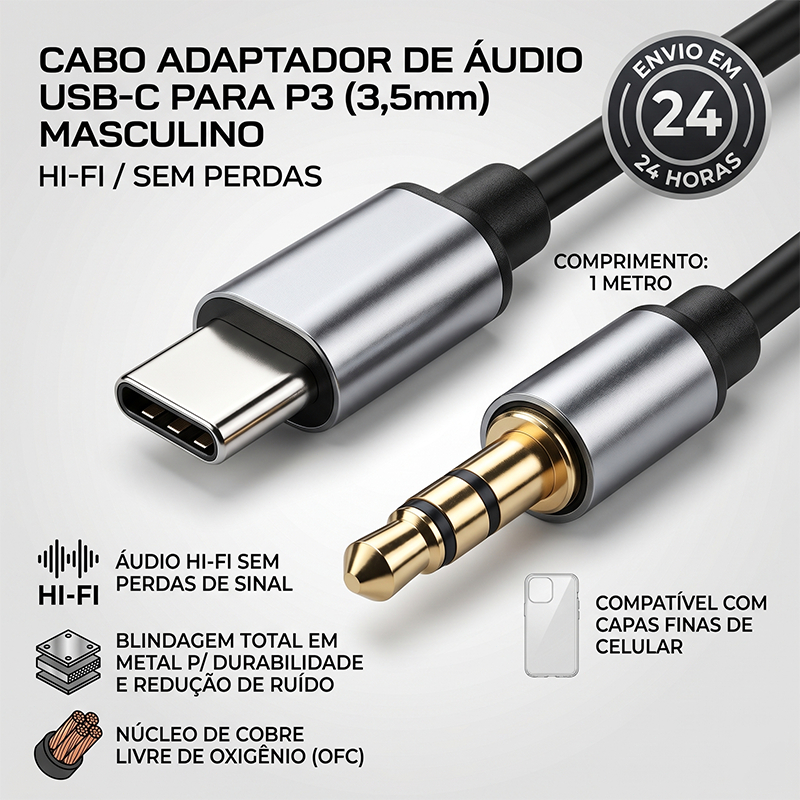 Cabo de Áudio Tipo C para P2 3.5mm  Alta Fidelida