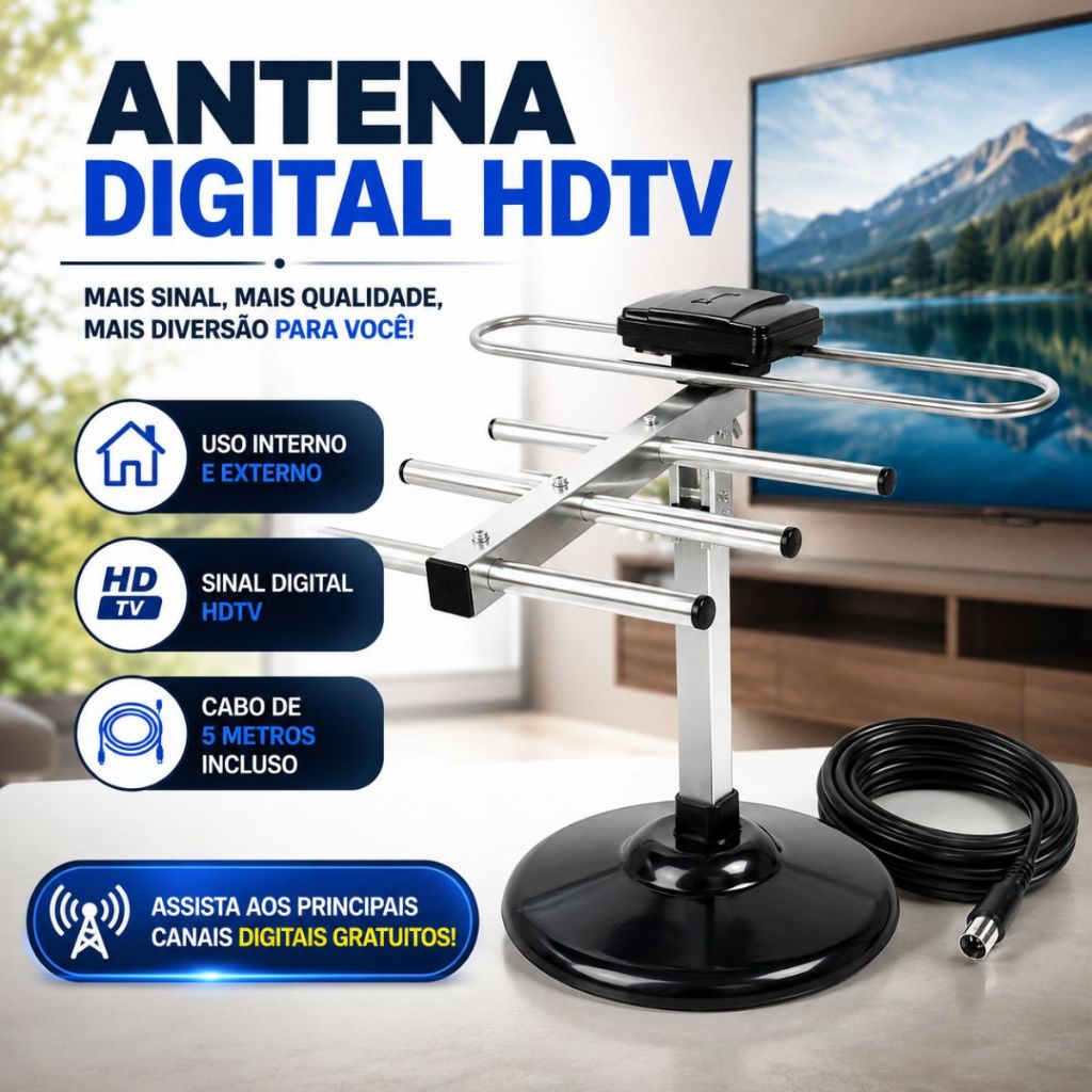 Antena Digital Interna e externa HDTV com cabo 5 M