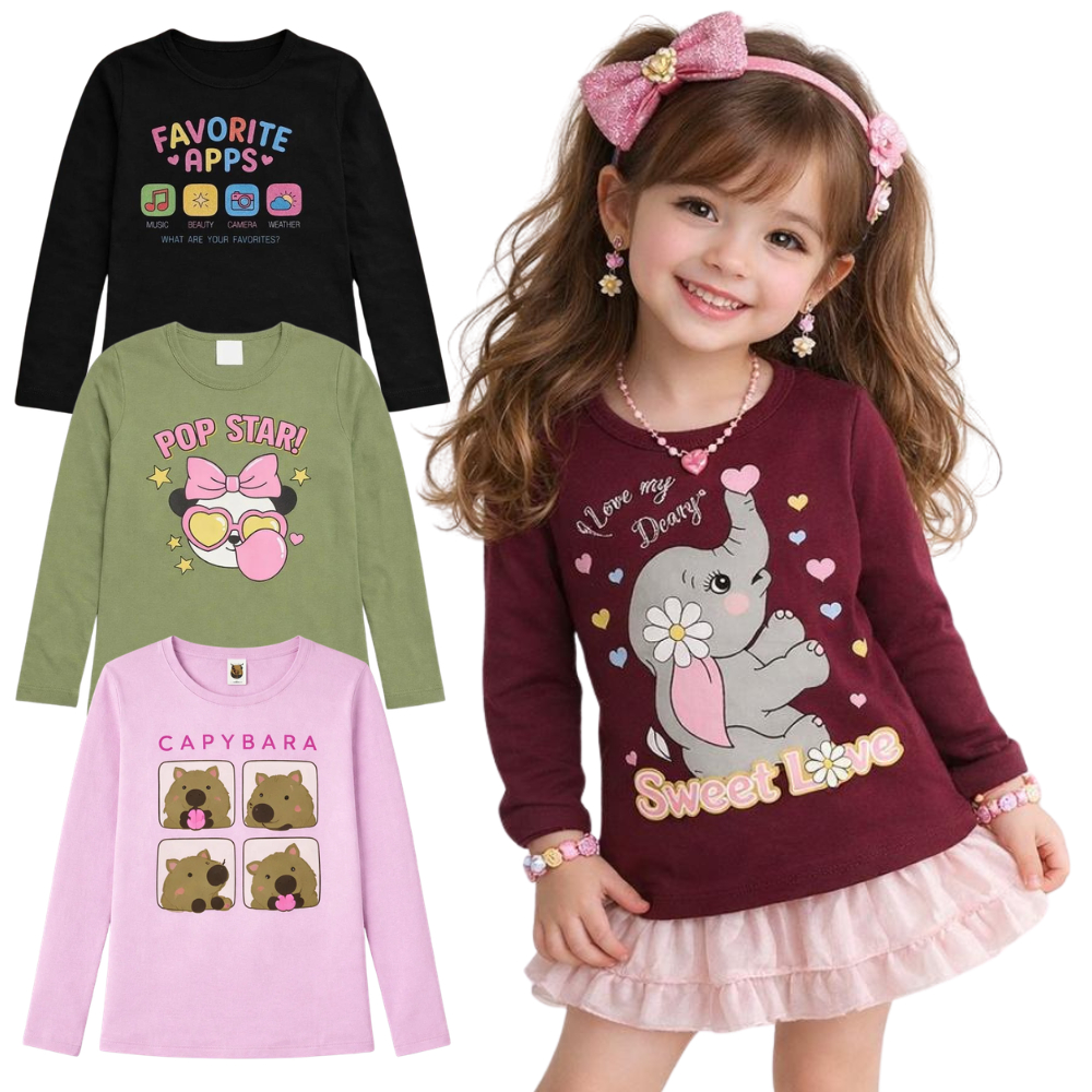 Kit Camiseta Manga Longa Infantil Feminina Sortido