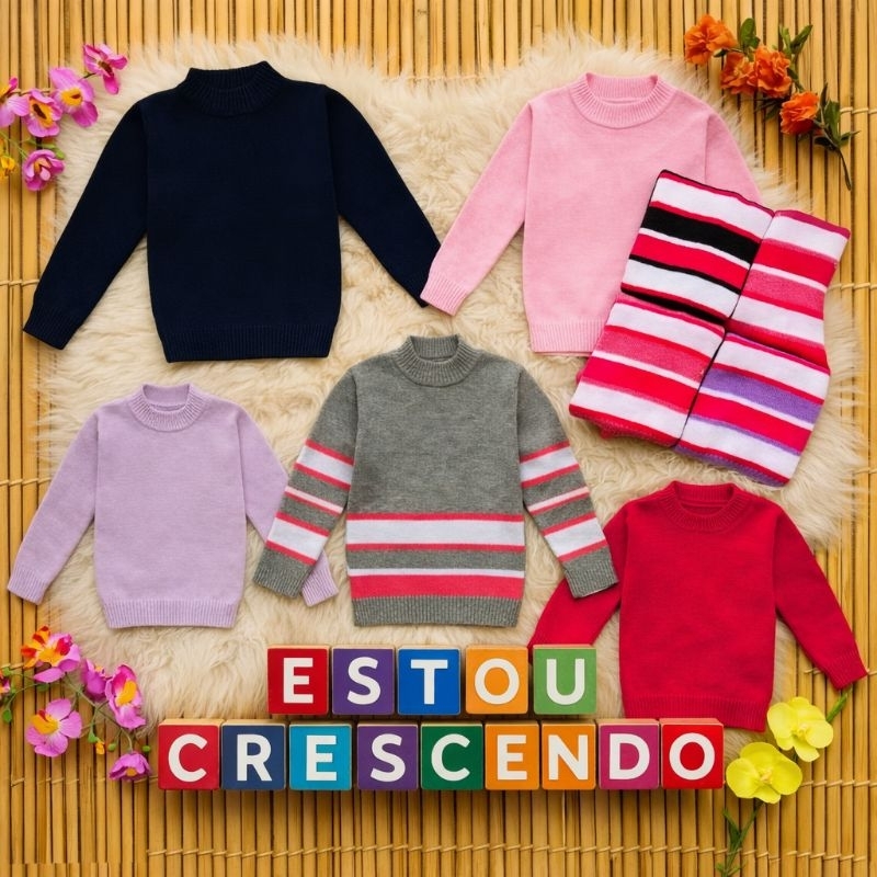 Blusa Infantil Feminina de Lã Listrada e Lisa com