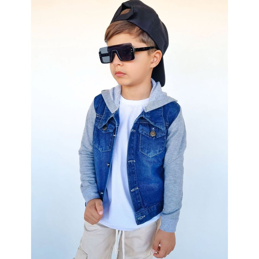 Jaqueta infantil juvenil masculina jeans com manga