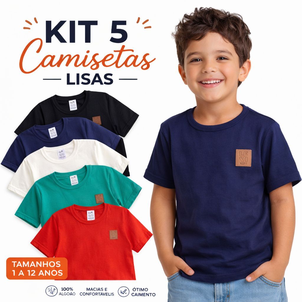 Kit 5 Camisetas Lisas Básicas Menino Coloridas Ve