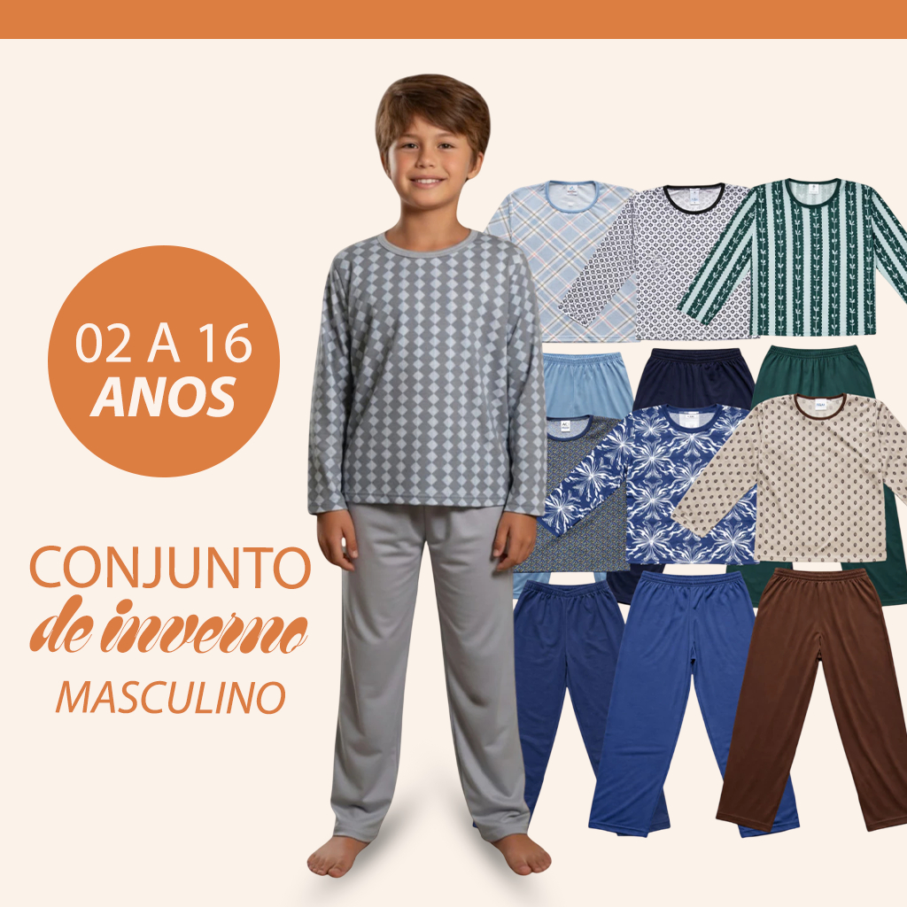 Pijama Infantil Menino Inverno Manga Longa 2 ao 16