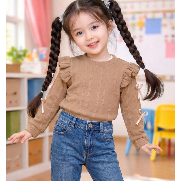 Blusa  infantil  Manga Longa com babado laçinhos 