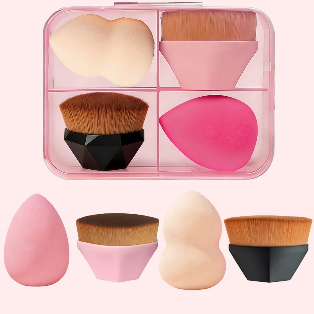 Kit 4 Peças Conjunto Pincel Esponja de Maquiagem,