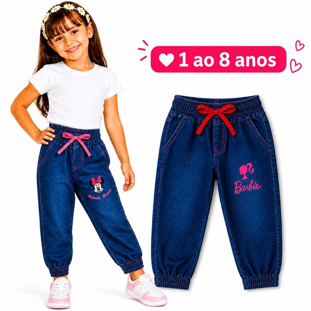 Calça Jeans Infantil Jogger Feminina Bordada 1 a 