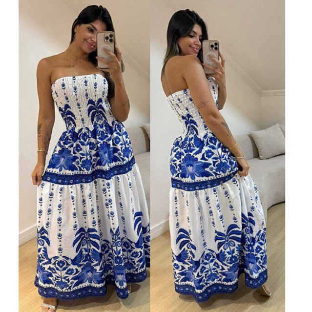 Vestido Longo Feminino Estampado Tomara que Caia L