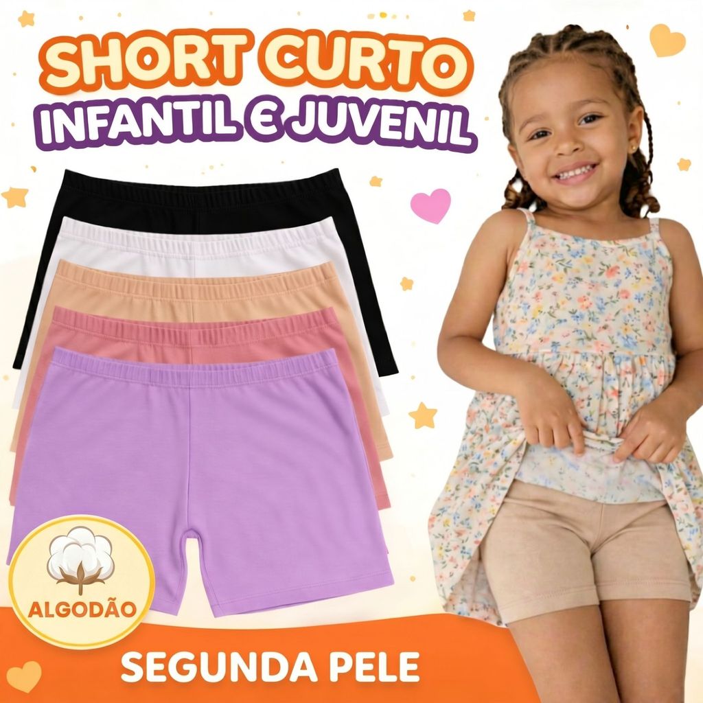 Shorts Curto Infantil Algodão Segunda Pele Menina