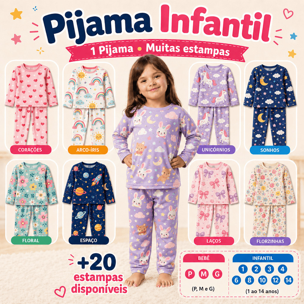 Pijama Infantil Menina Criança Inverno Manga Long