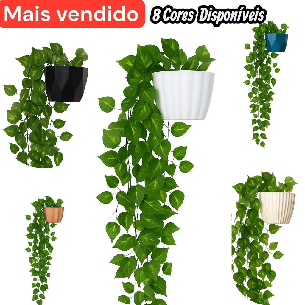 Conjunto Vaso Estilo Cerâmica + Duas Plantas Pend