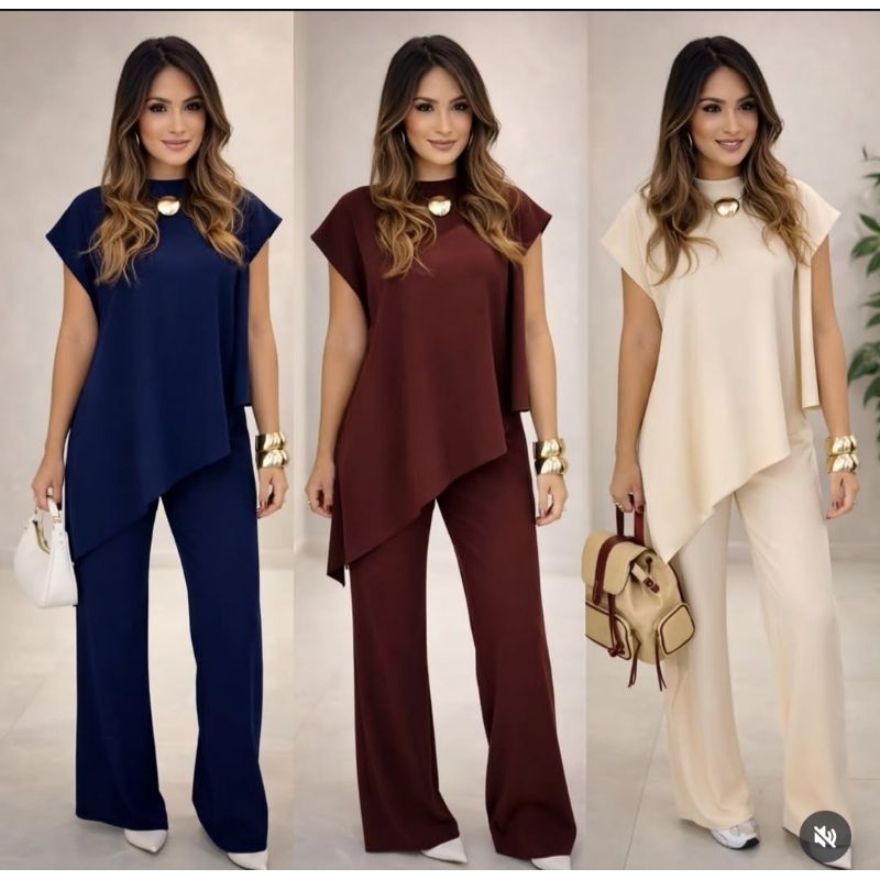 CONJUNTO ELEGANTE BLUSA GOLA ALTA ASSIMETRICA + PA