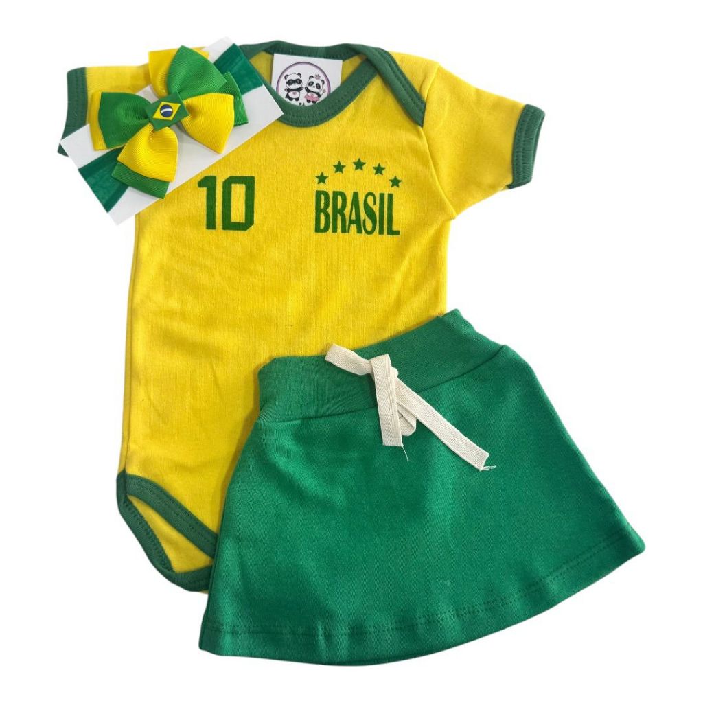Body Menina Brasil Copa + Saia + Laço + Acessóri
