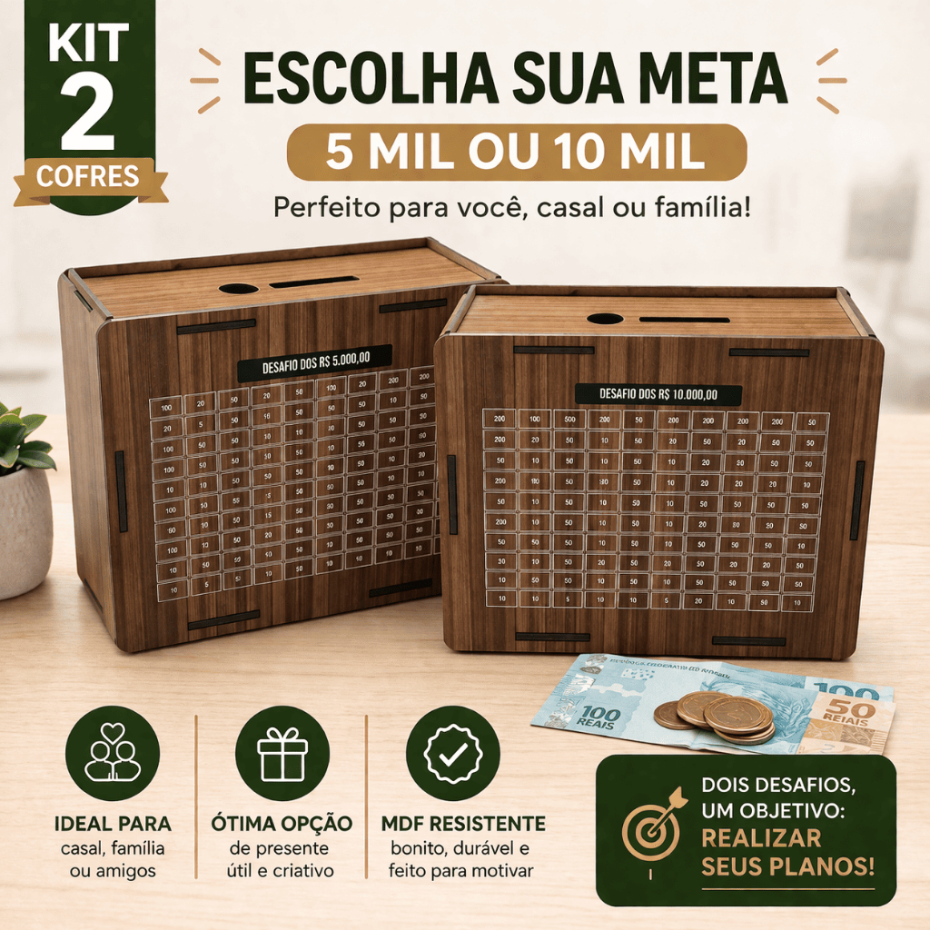 Kit 2 Cofre MDF Desafio 10mil/5mil Caixa Dinheiro 