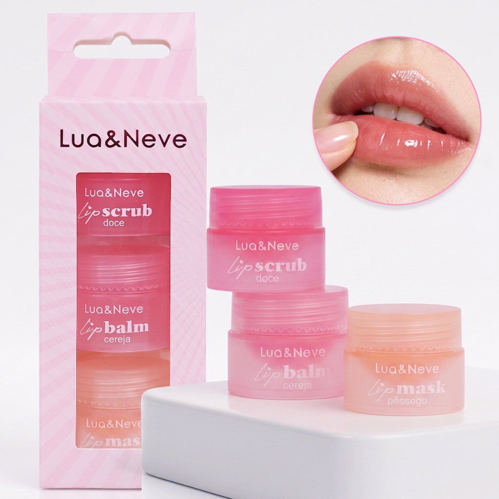 Kit lábios 3 itens: esfoliante, bálsamo hidratan