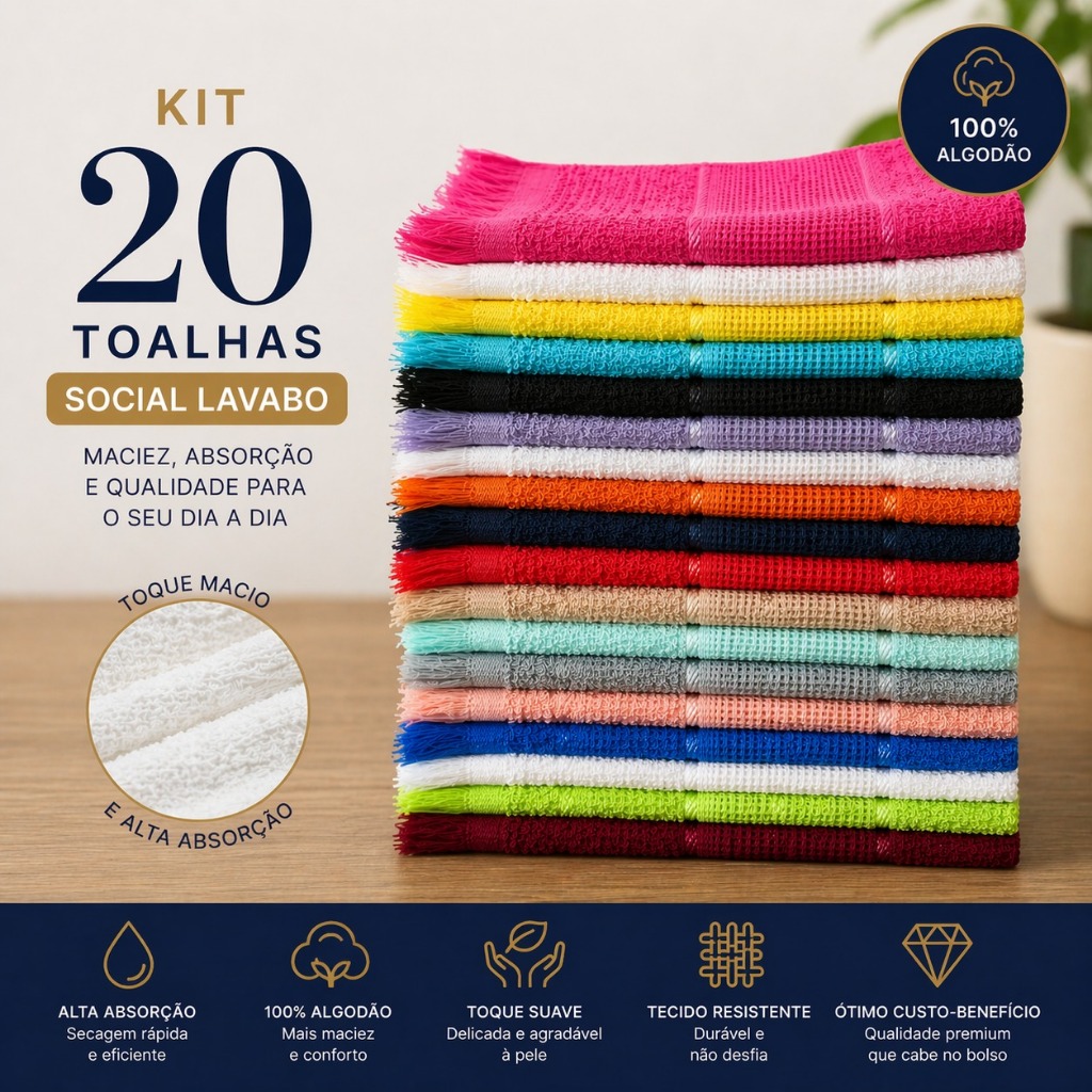 Kit 20 Toalhas Social Lavabo 21×30 Algodão A