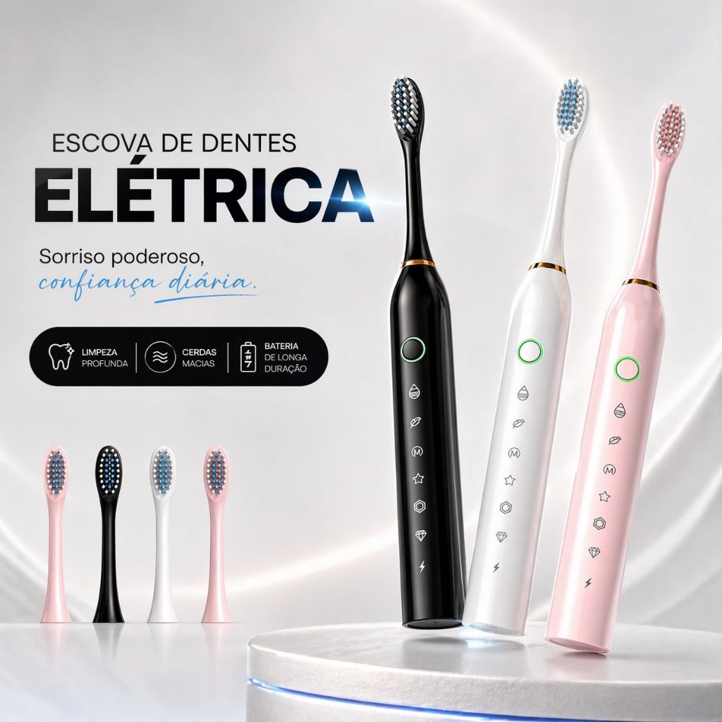 Escova Elétrica Recarregável USB 7 Modos + 4 Ref