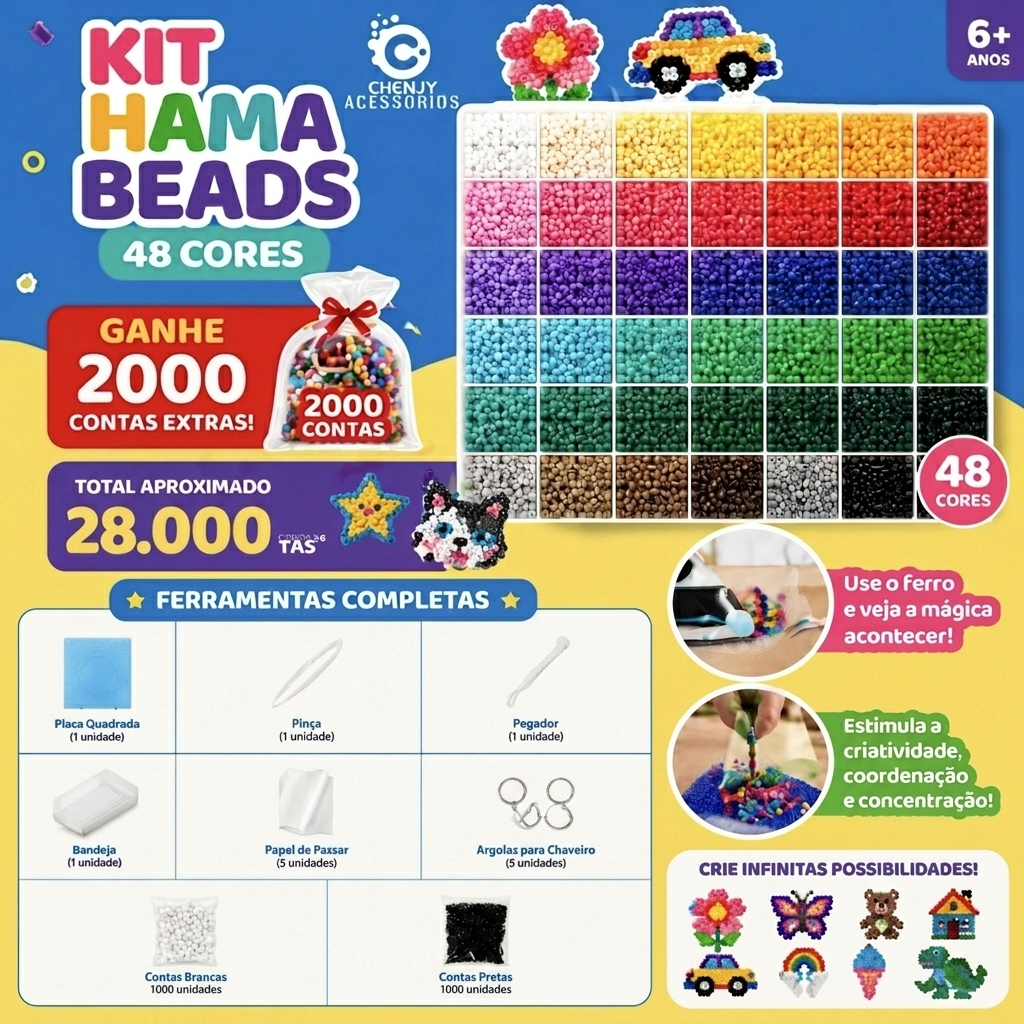 Kit 24-48 cores 2.6mm Com 14000pcs Perler Hama Bea