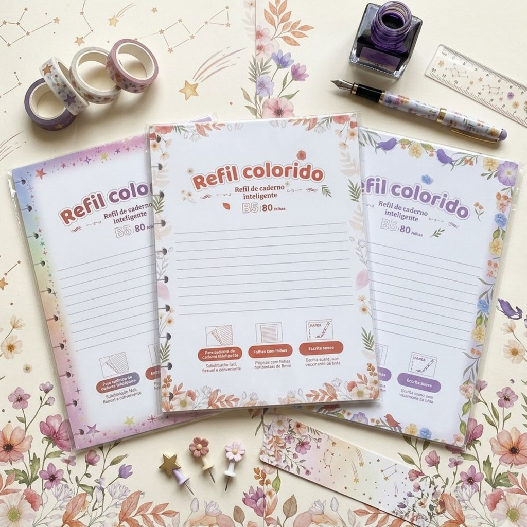 Refil A4 e B5 80 Folhas Pautadas Floral e Estrelas