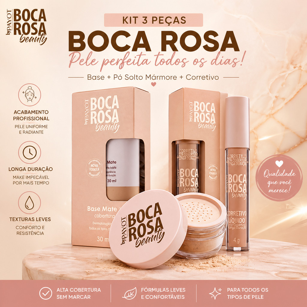 Kit Boca Rosa 3 Peças  Base + Pó Solto Mármore 