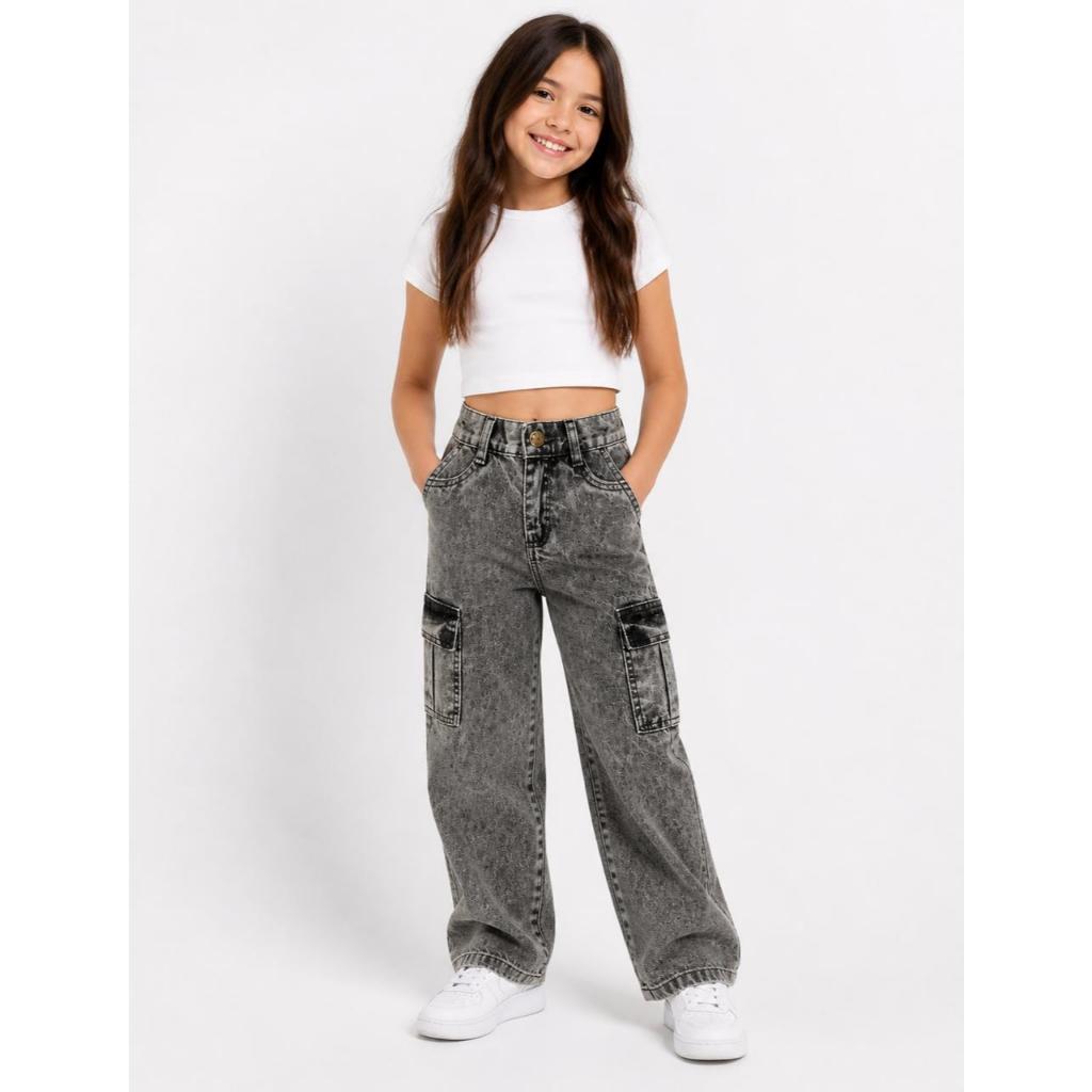 CALÇA CARGO JEANS INFANTIL FEMININA COM REGULADOR