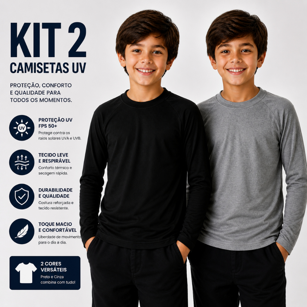 Kit Com 2 Peças Camisa UV Juvenil Manga Longa Té