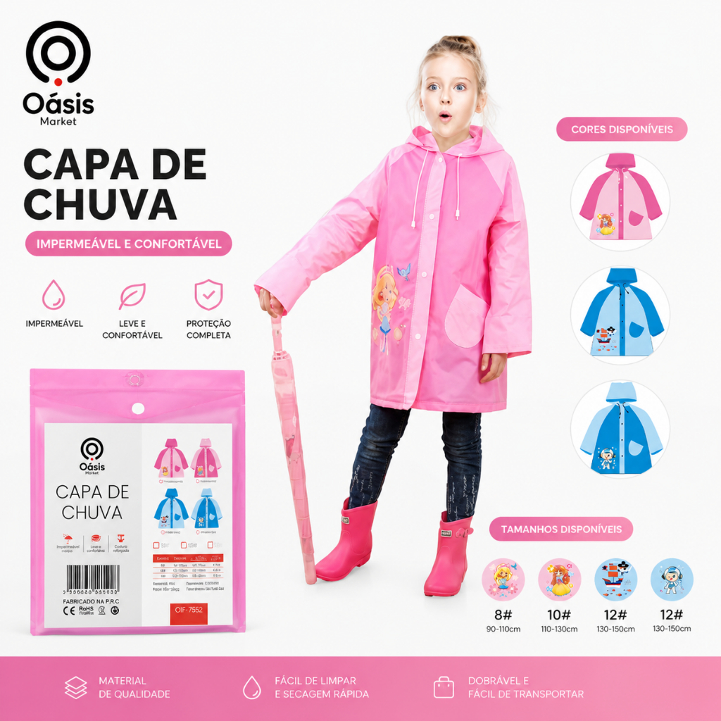 Capa de Chuva Infantil Impermeável PVC com Capuz 