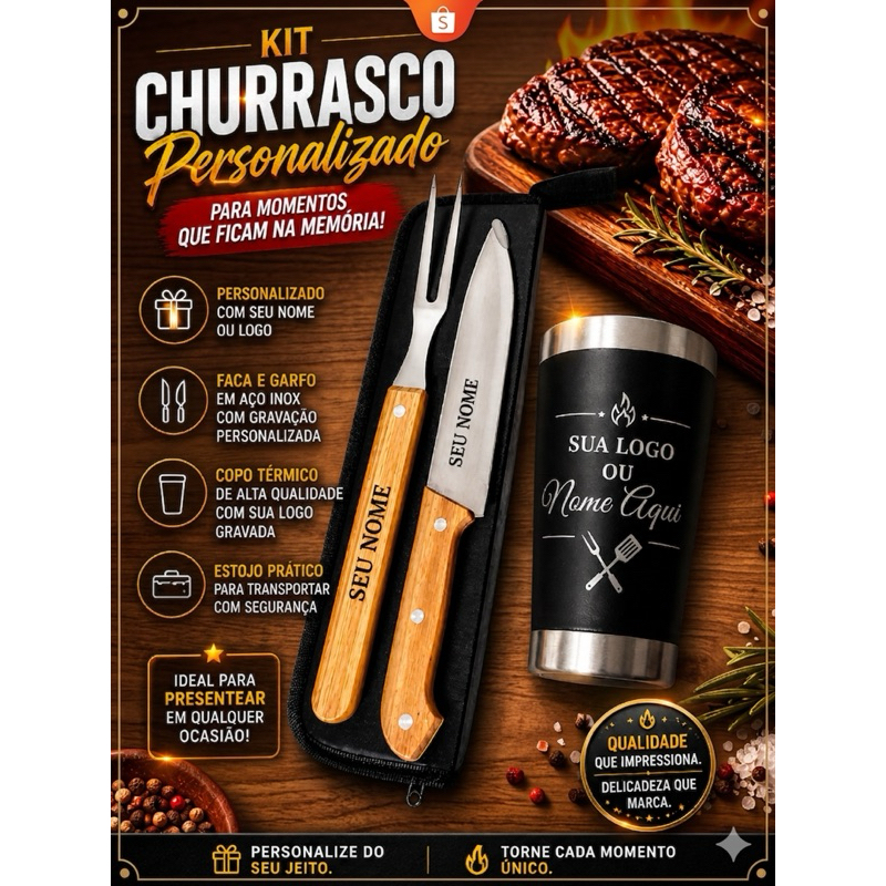 Kit churrasco Premium  3 em 1 Personalizado + copo