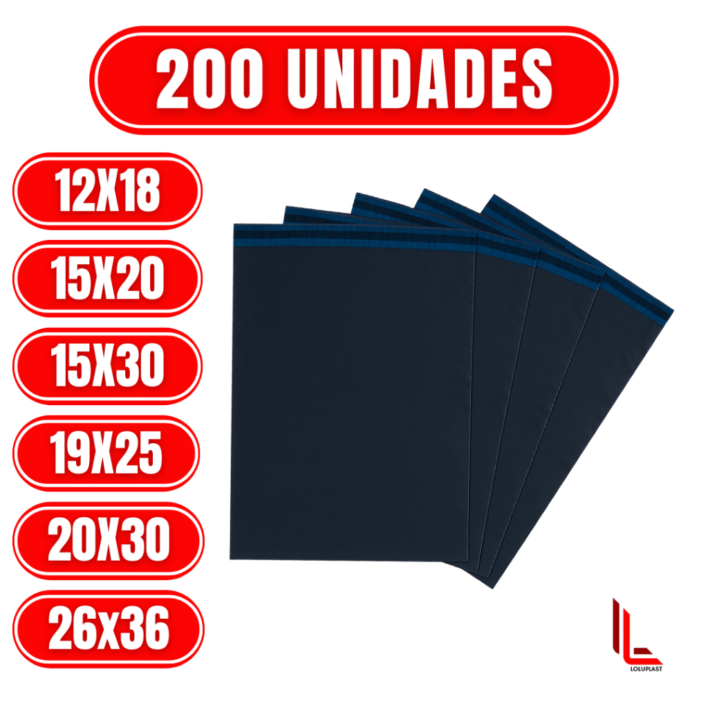 Kit 200 Envelopes de Segurança Plástico Preto Ab