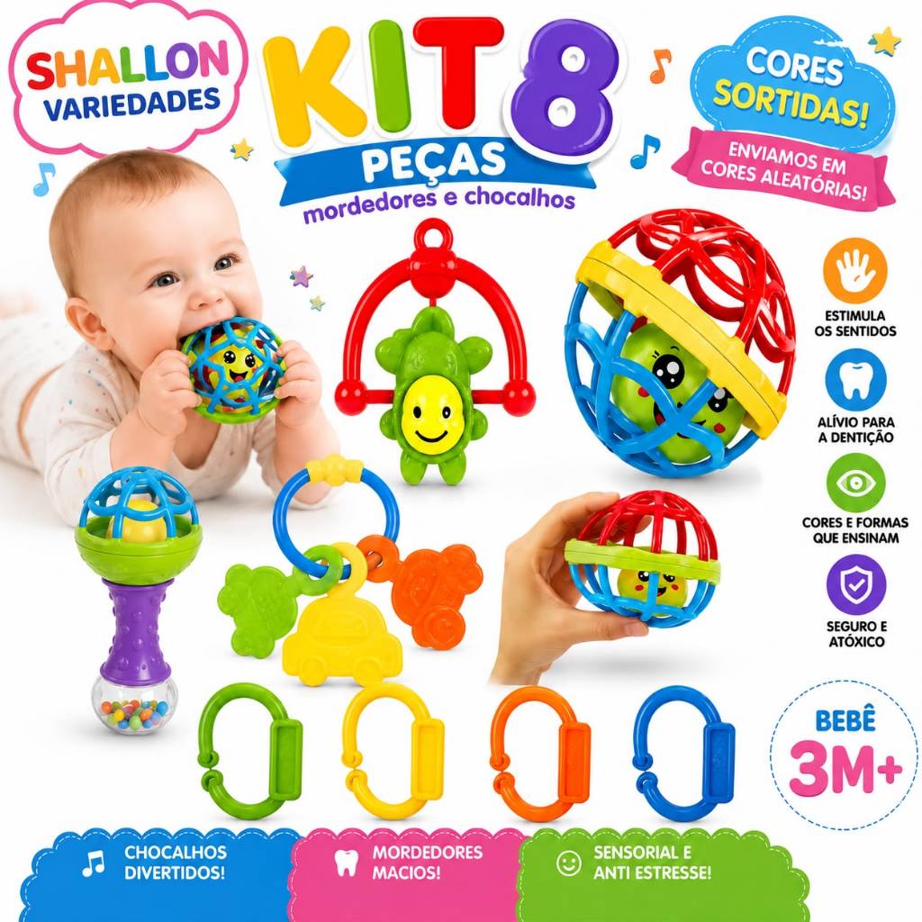 Kit 8 Brinquedos Bebe Chocalho Mordedor Silicone M