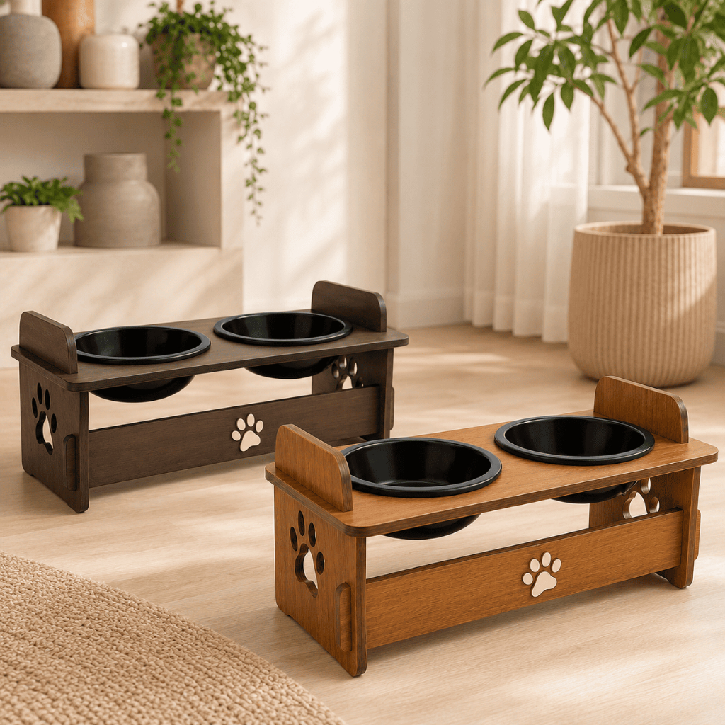 Comedouro Duplo Elevado MDF Para Gato Cachorro 2 P