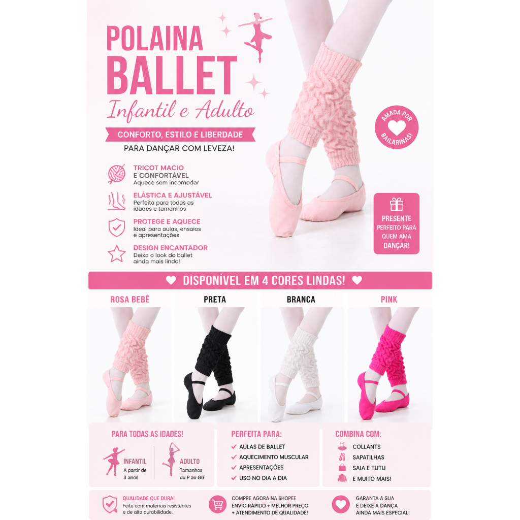 Polaina Ballet Infantil e Adulto Tricô Quentinha 