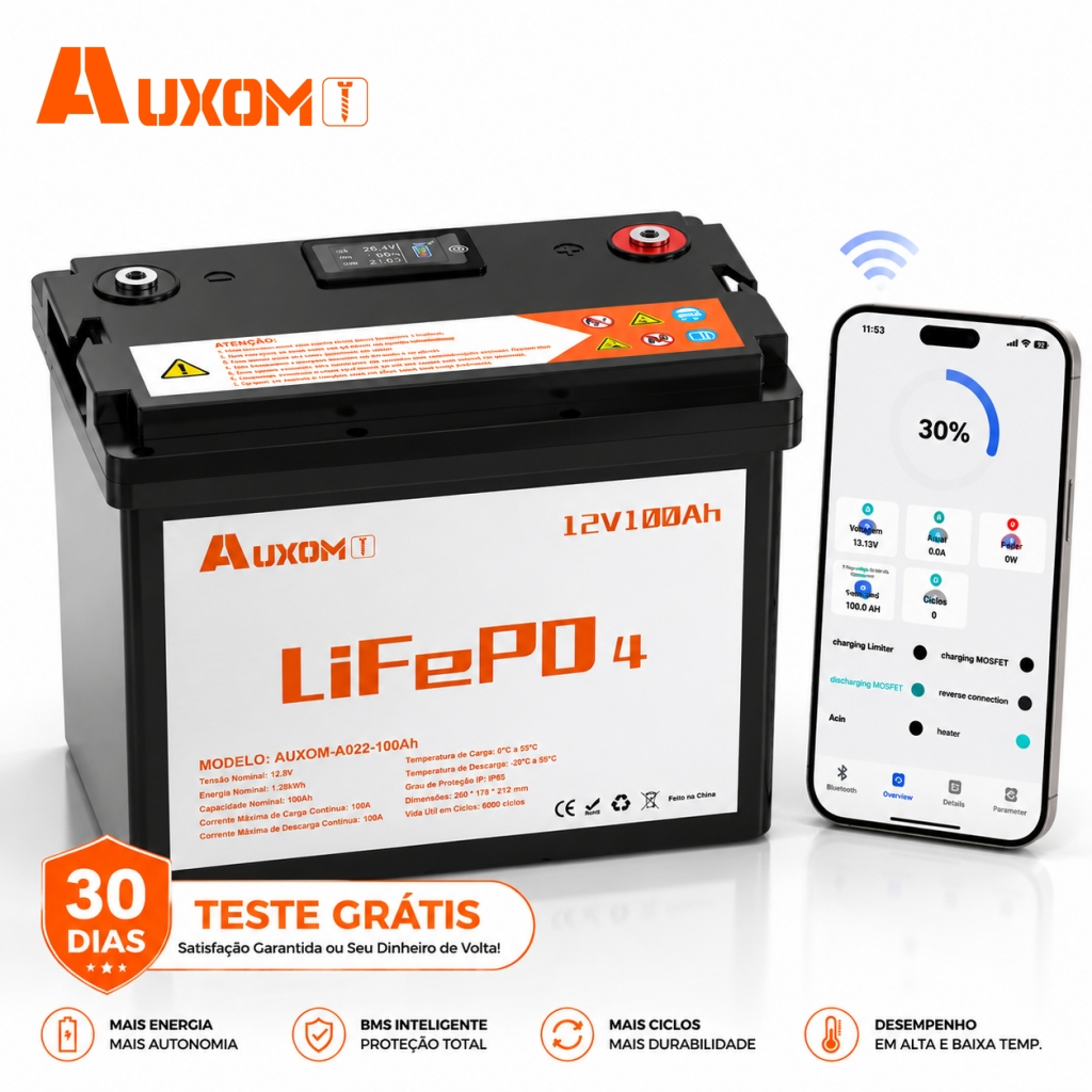 AUXOM Bateria LiFePO4 12V 100Ah 1280Wh | Controle 