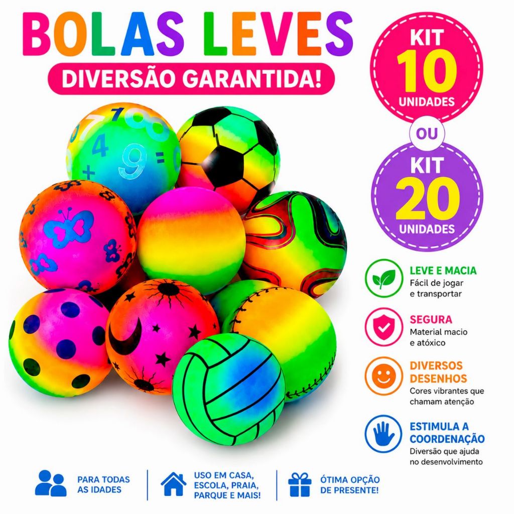 Kit 10/20 Bola leve de vinil 16cm arco-iris infant