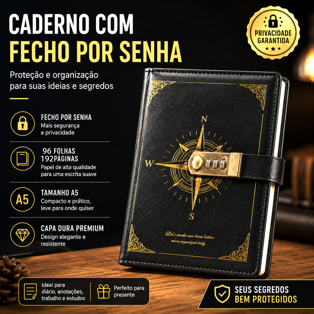 Caderno A5 de 192  páginas com cadeado de combina