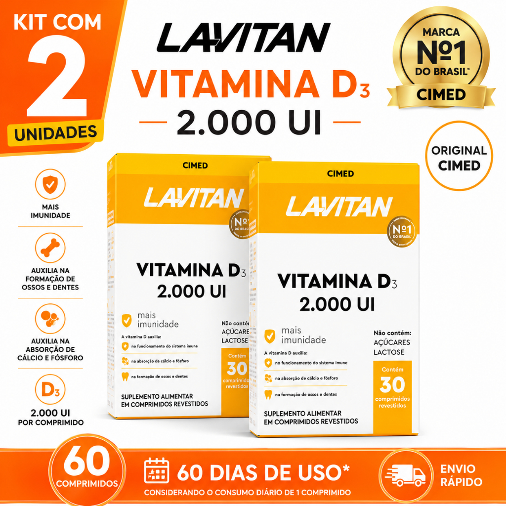 Kit 2 Vitamina D3 2000UI Lavitan  Saúde Óssea e 