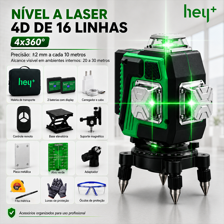 Nível a Laser 4D Heyplus 16 Linhas Verde 4×3