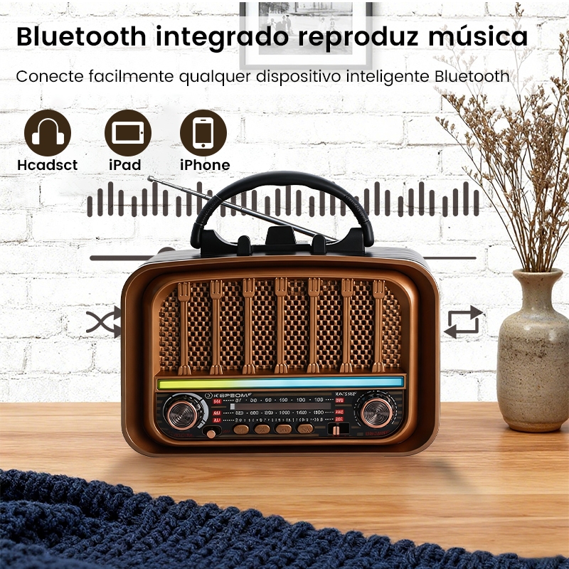 kapbom Rádio Retro Bluetooth Portátil AM FM USB 