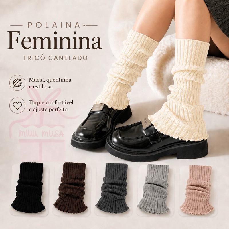 Polaina Meia Cano Alto Malha Renda Babado Leg Warm