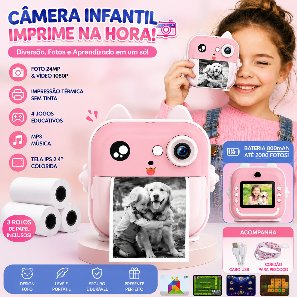 Câmera De Impressão Instantânea Para Crianças 