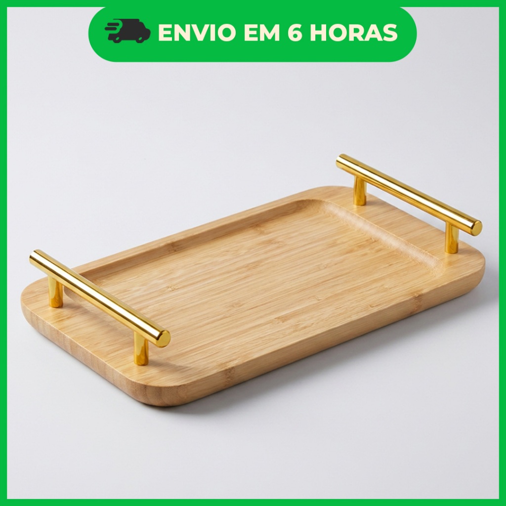 Bandeja retangular de Bambu – Alça dourada 