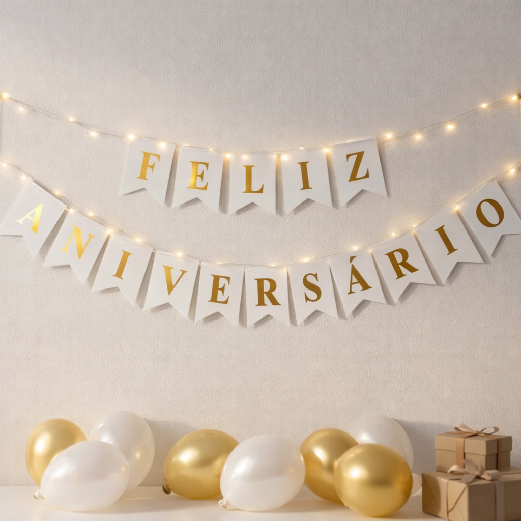 Faixa Feliz Aniversário Bandeirinha Branca Kit Co
