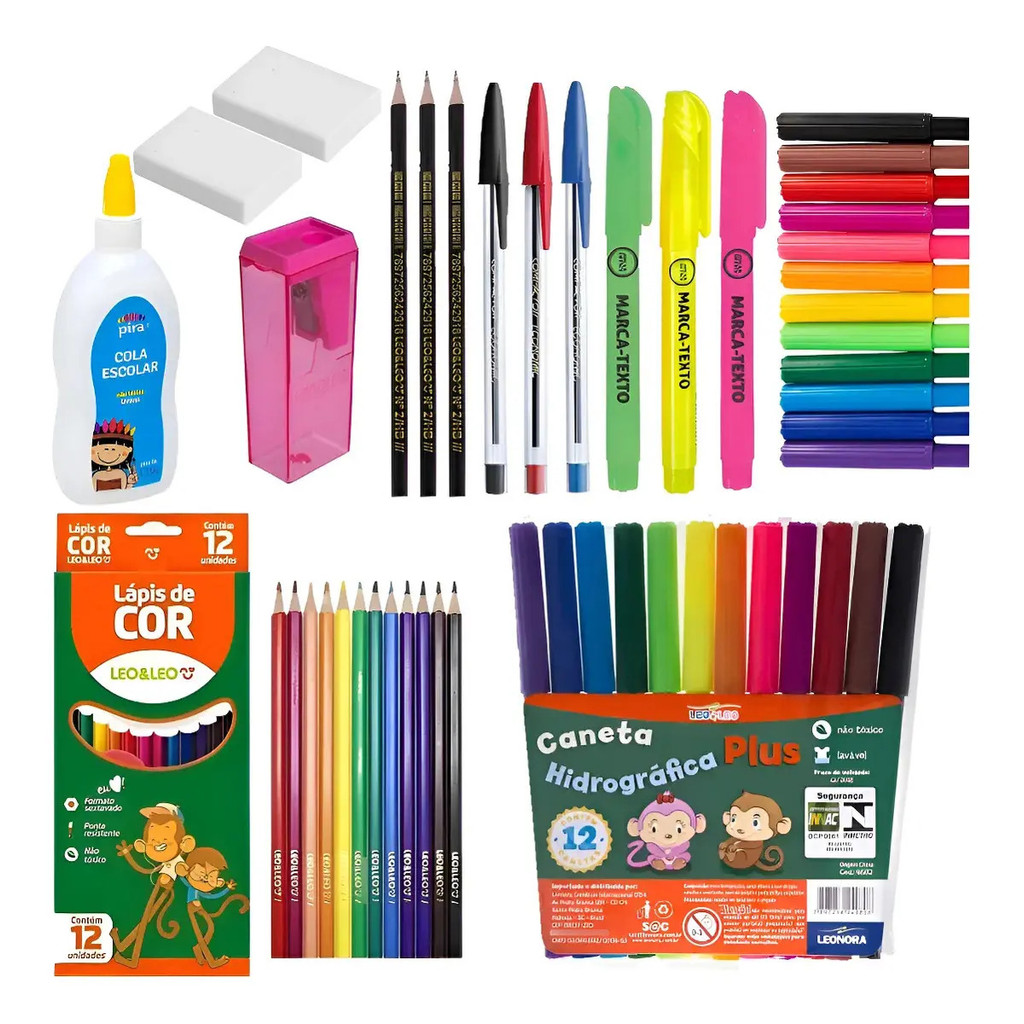 Kit Escolar Infantil Completo Lápis De Cor Caneti