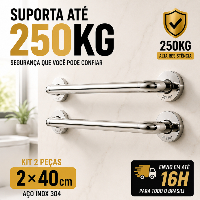 Kit 2 Barras de Apoio 40cm Inox 304 Suporta 250kg 