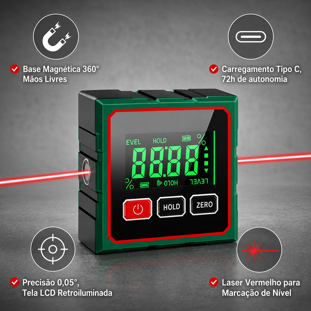 Inclinômetro a Laser Digital 360° Magnético USB