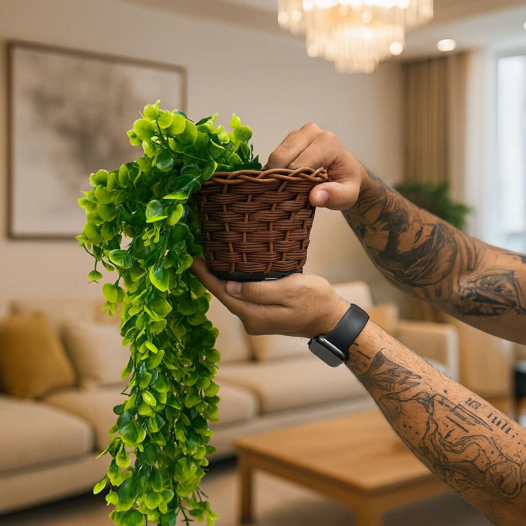 Kit Planta Decorativa: Vaso Trançado Marrom + 1 P