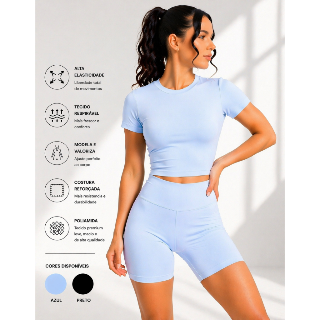 Conjunto Fitness Poliamida Blusa Slim Fit Manga Cu