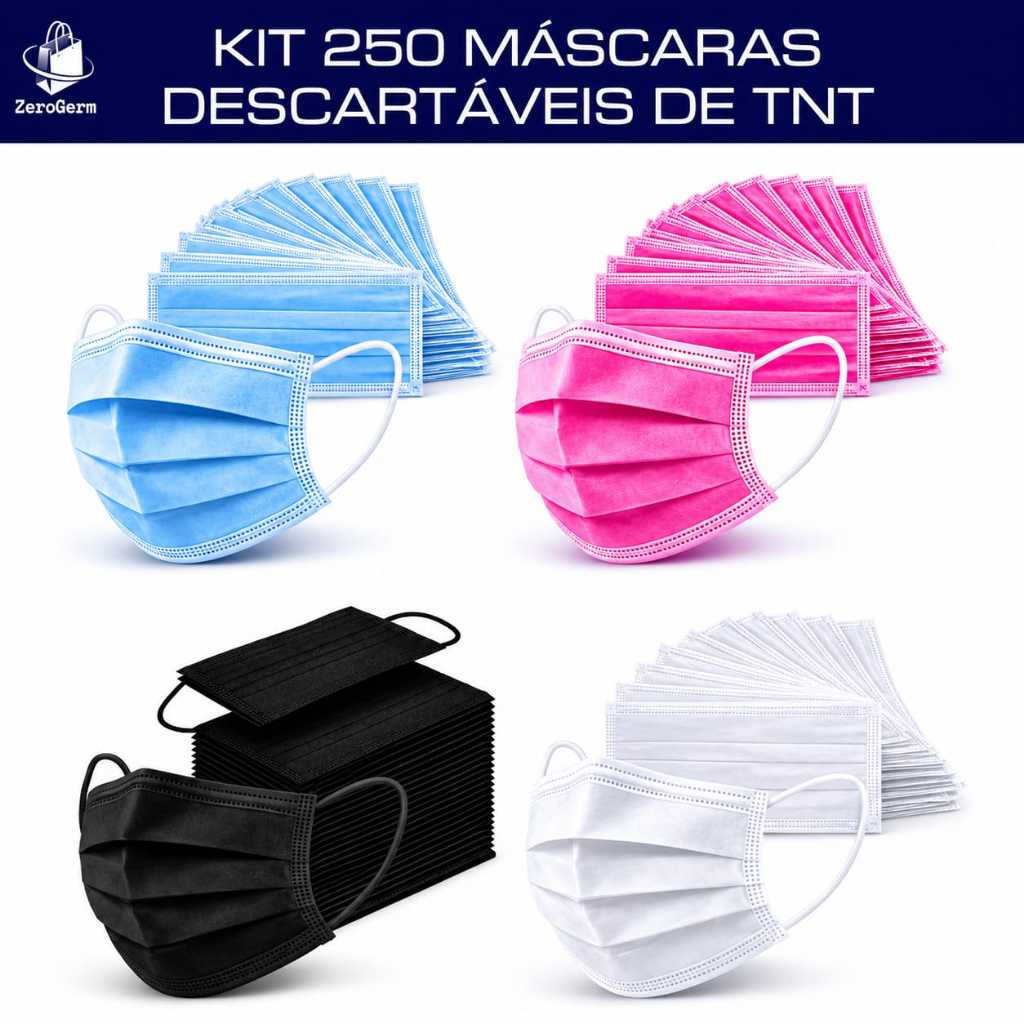 Kit 250 Máscaras Descartaveis TNT Preta, Branca, 